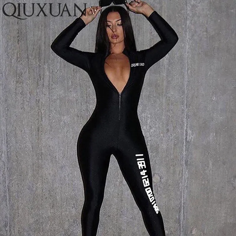 

Qiuxuan Black Sexy Bodycon Jumpsuit Spring Autumn Fashion Women Elegant Long Sleeve Letter Printed Streetwear Women Rompers