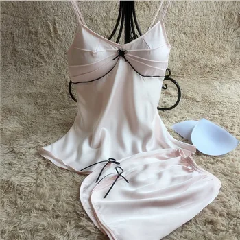 

Sexy Women Pajamas Sets Removable Chest Pad Ladies' Nightdress Chemises Sleeveless Pyjama Lace Neck Sleepwear with Short Pant