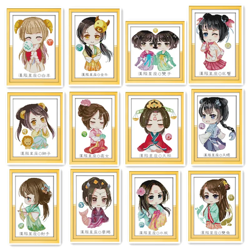 

Twelve Constellation Little Beauty Figure Needlework Material Pack Printing 11CT 14CT Hand Embroidery Cross Stitch Kit