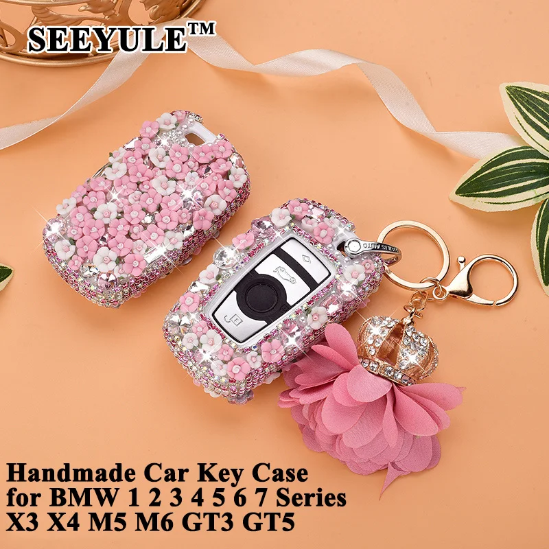 

1pc SEEYULE Fashion Girl Women Car Key Case Cover Beautiful Flower Style Key Shell Protector for BMW 3 5 7 Series X3 X4 M5 M6 GT