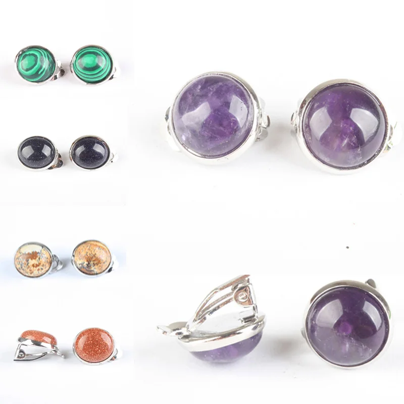 

18x18MM Natural Rose Pink Quartz Aventurine Obsidian Clear Crystal Clip Earrings Silver Color Simple Healing Crystal Earrings