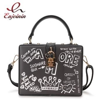 Fashion Black & White Graffiti Cartoon Pattern Box Style Pu Leather Ladies Party Handbag Shoulder Bag Crossbody Messenger Bag irregular pattern pu crossbody bag