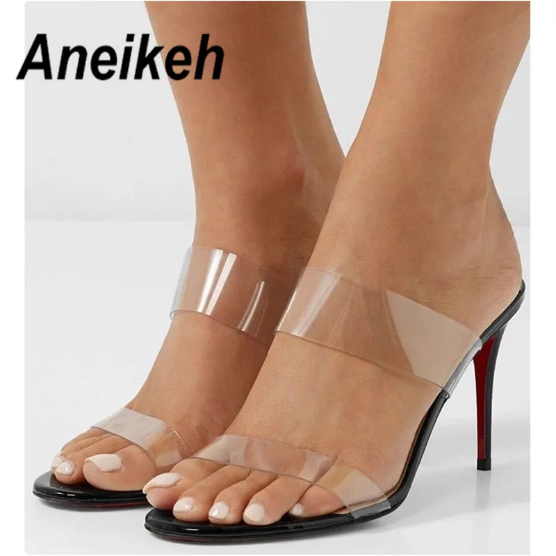 

Aneikeh 2019 Sweet Fashion PVC Women Pumps PVC Thin Heel Summer Transparent Women Sexy Clear Daily Solid Black Shallow Size35-40