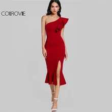 COLROVIE Slit Fishtail Summer Party Dress Burgundy One Shoulder 2017 Women Sexy Flounce Midi Dresses Elegant Empire Club Dress