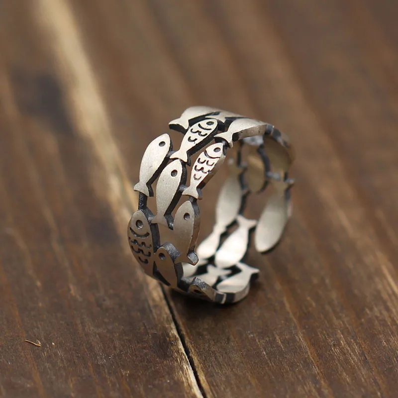 Индивидуальные Ретро винтажные 925 пробы серебряные кольца с рыбками для женщин Свадебные обручальные ювелирные изделия кольца для крупных пальцев Anillos