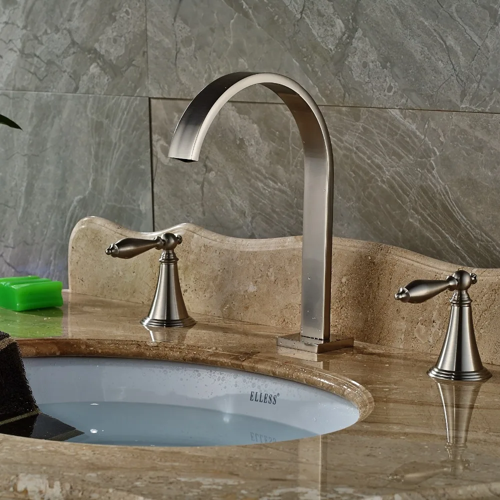 

Waterfall Spout Nickel Brushed Bathroom Basin Faucet Dual Handles Sink Mixer Tap
