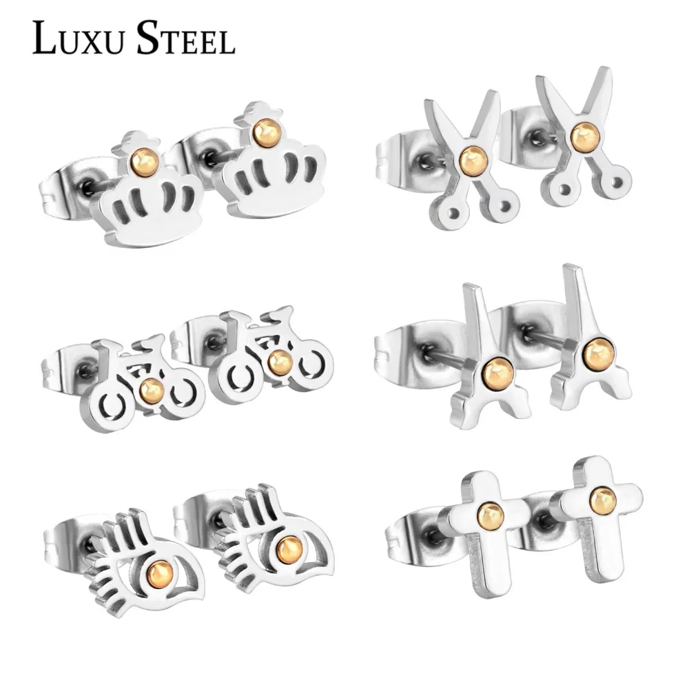 

LUXUSTEEL New 6Pairs/Boxes Earring Sets Stainless Steel Mixed Style Cross/Crown/Eye/Bicycle/Scissors With Semicircle Gold Ball