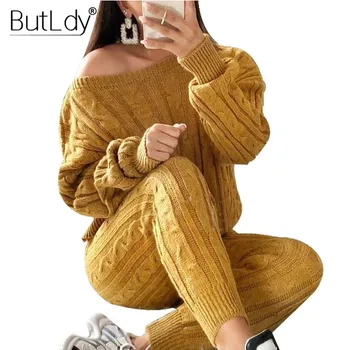 

Two-Piece Sweater Set Women Twisting Knitted Tracksuit Long Sleeve Pullover Tops Long Pants Suits Casual Knitwear Outfits 2018