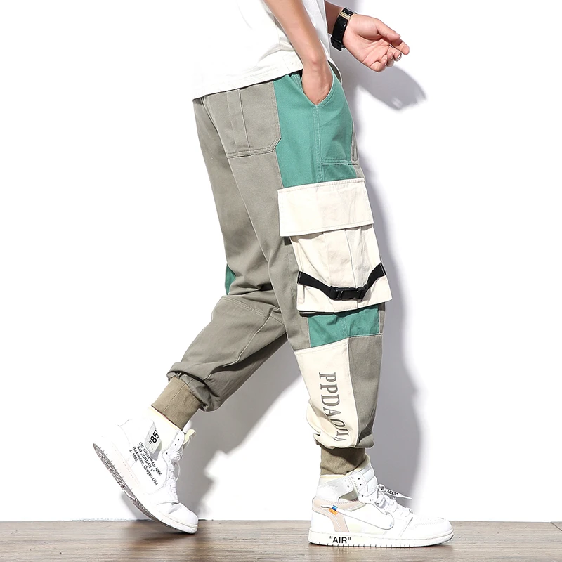 

Men Ribbons Color Block Black Pocket Cargo Pants 2019 Harem Joggers Harajuku Sweatpant Hip Hop Trousers