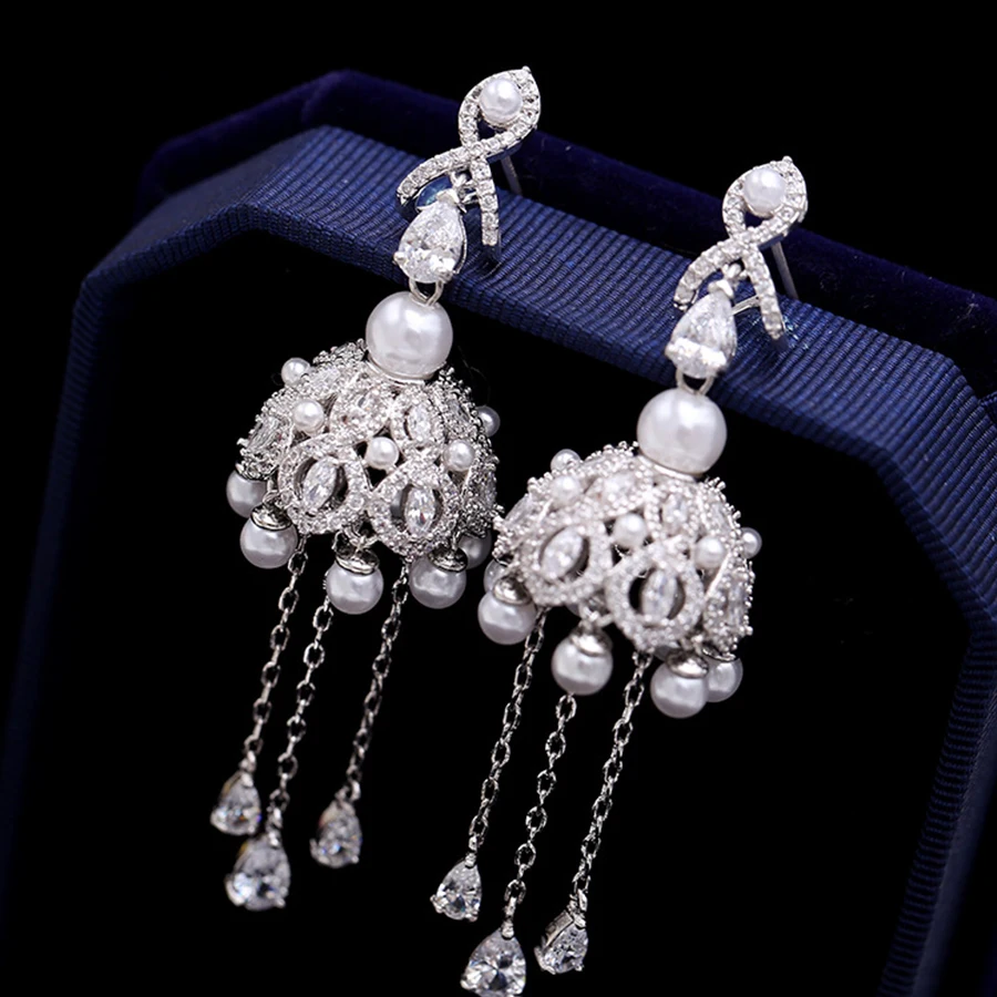 1pair Luxury Long Rhinestone Crystal Imitate Pearl Drop Dangle Earrings Chain For Bridal Wedding Prom Party Women Jewelry Gifts 1pair Luxury Long Rhinestone Crystal Imitate Pearl Drop Dangle Earrings Chain For Bridal Wedding Prom Party Women Jewelry Gifts