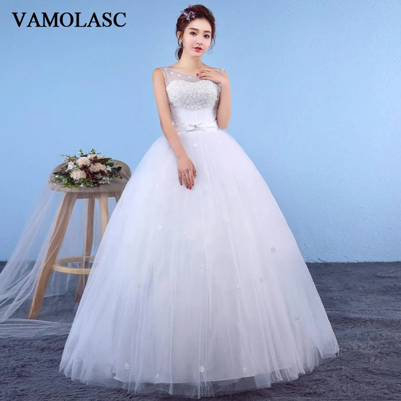 

VAMOLASC Illusion O Neck Bow Sash Ball Gown Wedding Dresses Lace Flowers Appliques Tank Backless Bridal Gowns