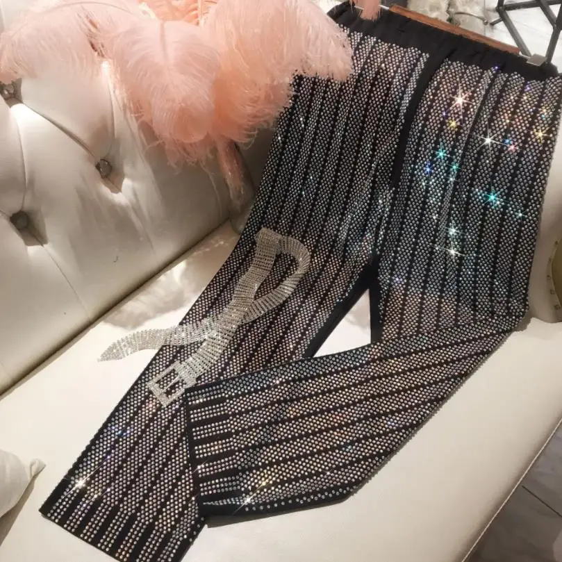 

Luxury Hot Spring SumDrilling Rhinestone Women Pants Stretch Knit High Waist Straight Trousers Casual Capris Mujer H03