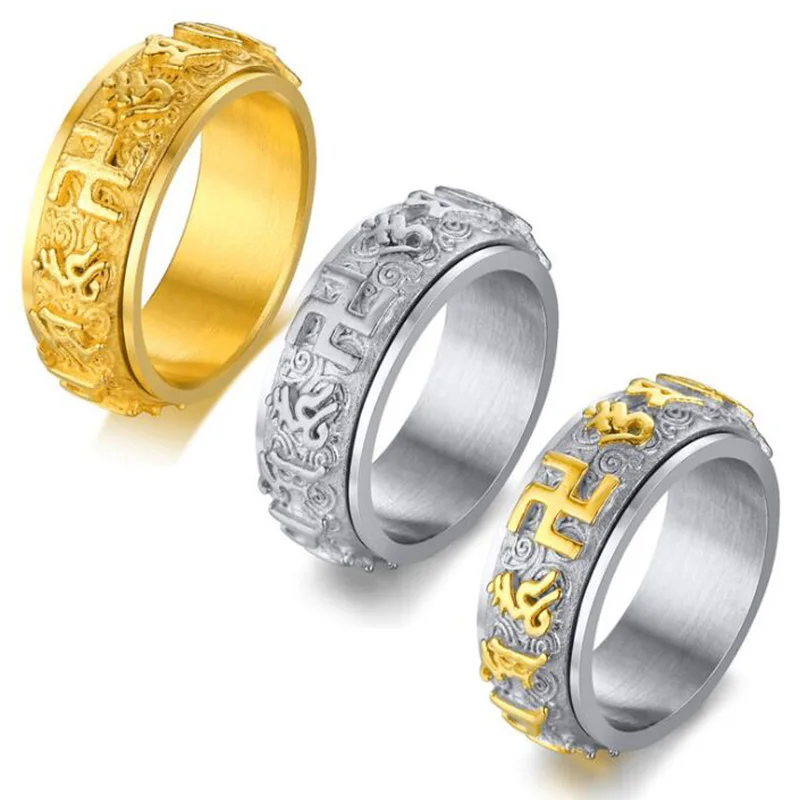 

Titanium SteelMantra Amulet Spinner Rings for Men Tibetan Buddhism Swastika Ten thousand characters can be rotated Retro ring
