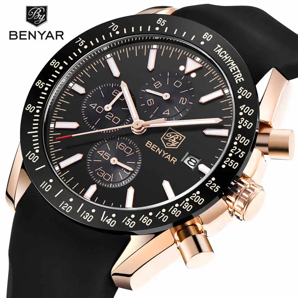 

2018 BENYAR Brand Men Sport Chronograph Silicone Strap Watches All pointers work Waterproof Fashion Quartz Watch Clock Men Male
