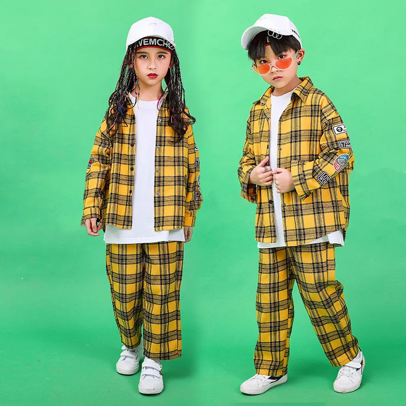 2019 New Children Hip-hop Street Dance Performance Costume Autumn Boys Girls Loose Jazz Dance Show Yellow Plaid Shirt Pants Set (12)