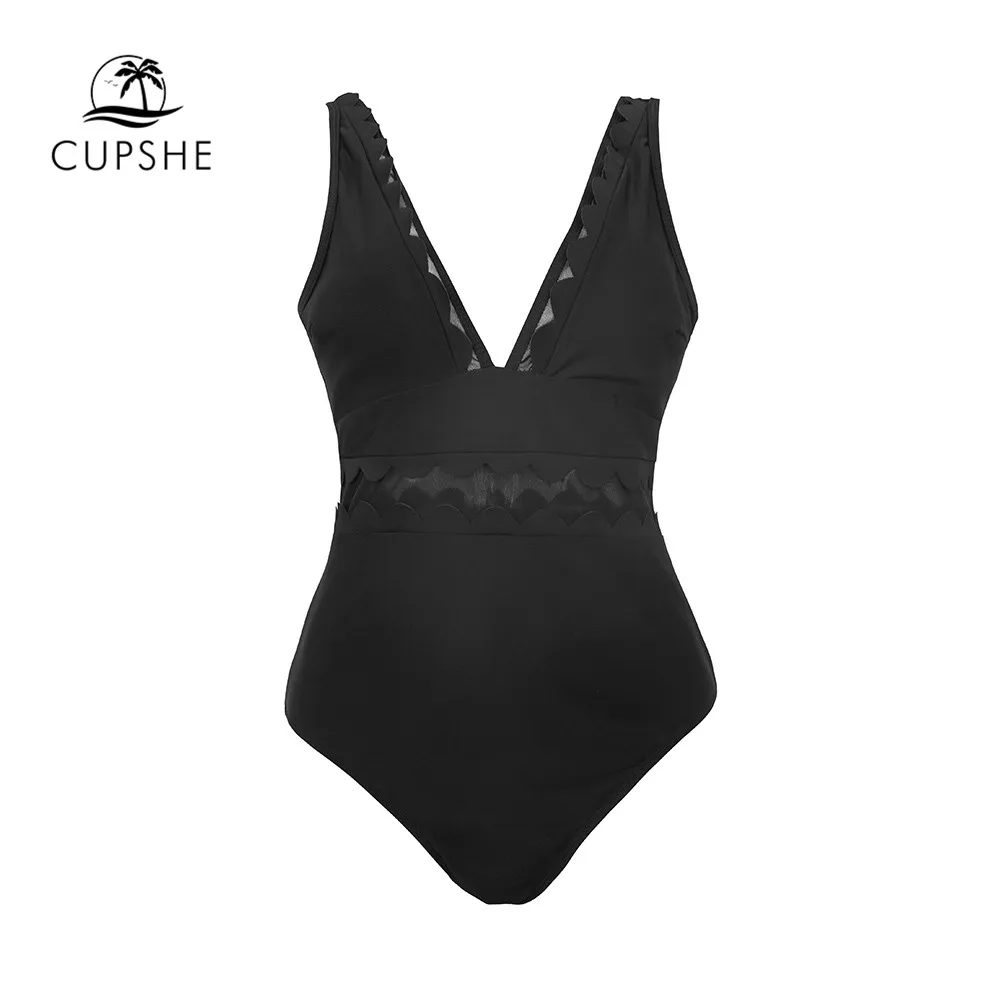 Preise CUPSHE Solid Black V ausschnitt Einteiliges Badeanzug Sexy Scalloped Padded Tasse Frauen Bademode Monokini Mädchen Strand Badeanzug Bademode
