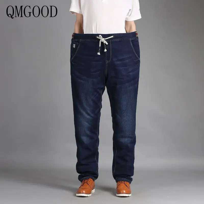 QMGOOD Men's jeans on an elastic band Pants summer Baggy man's hip hop