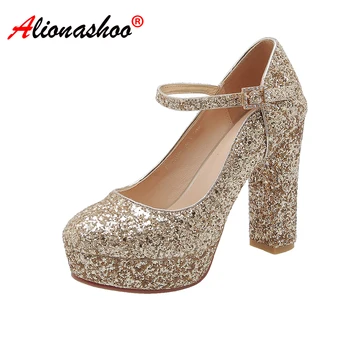 

Plus size 33-43 Thick High Heels Women Pumps Ankle Strap Platform Lady Party Wedding Shoes Luxury Gold Silver Black Dress Pumps