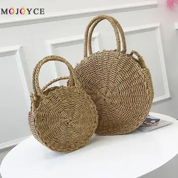 

Retro Handmade Rattan Woven Straw Round Handbag Women Crossbody Bag Lady Weave Top-Handle Beach Bag