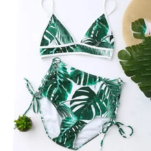 Зеленый купальный костюм женский боковая повязка с высокой талией бикини сексуальный пляжный купальник Одежда сплошные купальные костюмы