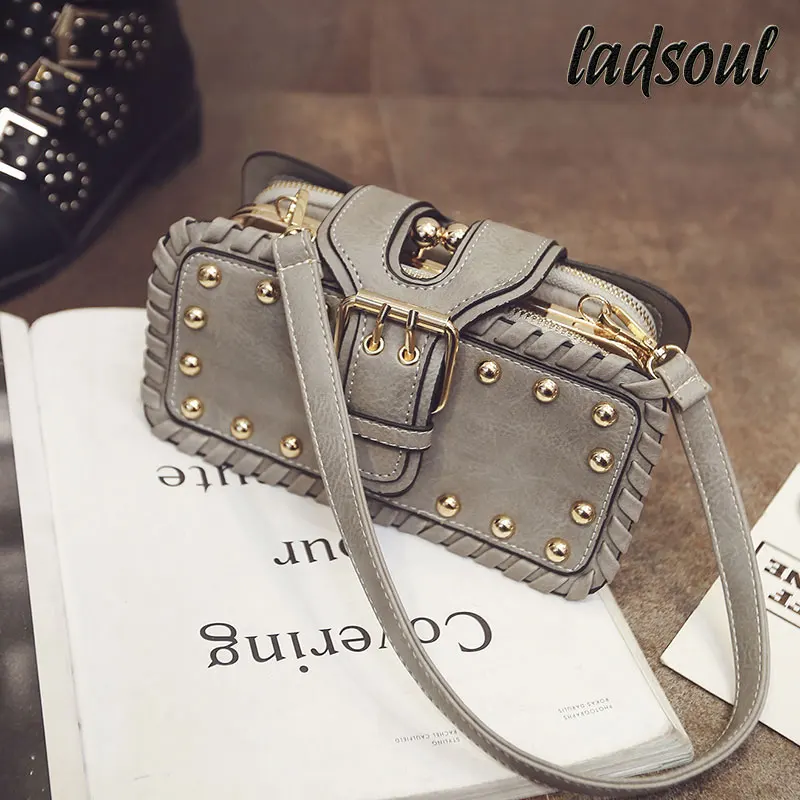 

LADSOUL 2018 Fashion Women's Leisure Messenger Lock Catch Rivets Vintage PU Leather Single Shoulder Small Square Bag A9809/G