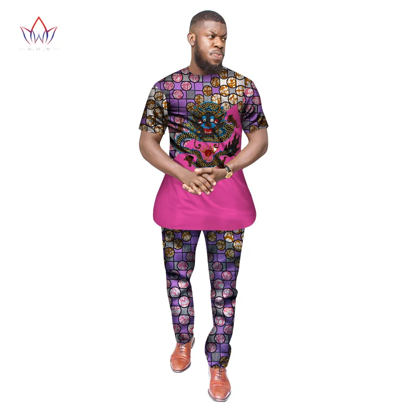 Базен Riche африканская аппликация Дракон принт топ и брюки наборы Анкара одежда 2 шт. брюки наборы мужская африканская одежда WYN390
