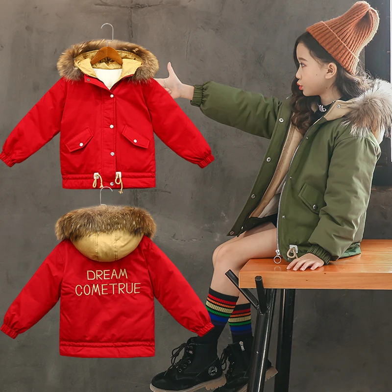 

girls Russian winter Coat 5-13 years old kids Embroidered letters real fur collar jacket children's parkas thickening fashion