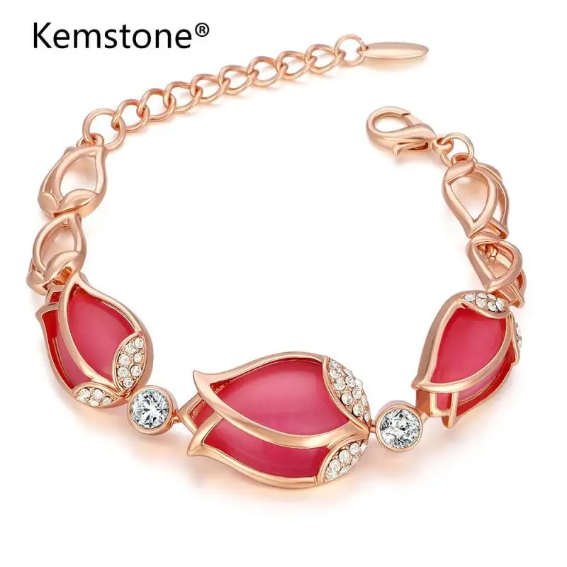 Kemstone Rose Flower Link Bracelet Cat's Eye Stone Cubic Zirconia Gold Color Women Fashion Jewelry | Украшения и аксессуары
