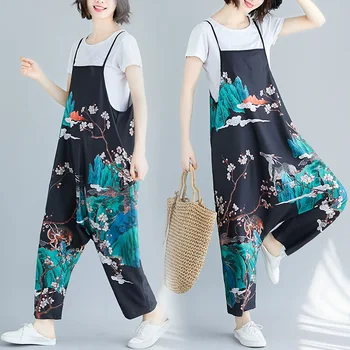

2019 Summer Fashion New Personality Casual Printed Large Size Bib Pants Female Loose Strap Casual Trousers XL-01