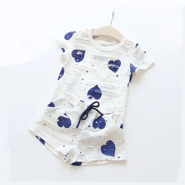 

baby girl clothes summer 2018 new baby girl clothes sets top short sleeve heart printed hole t shirt+ shorts 2-7T 2pcs girl sets