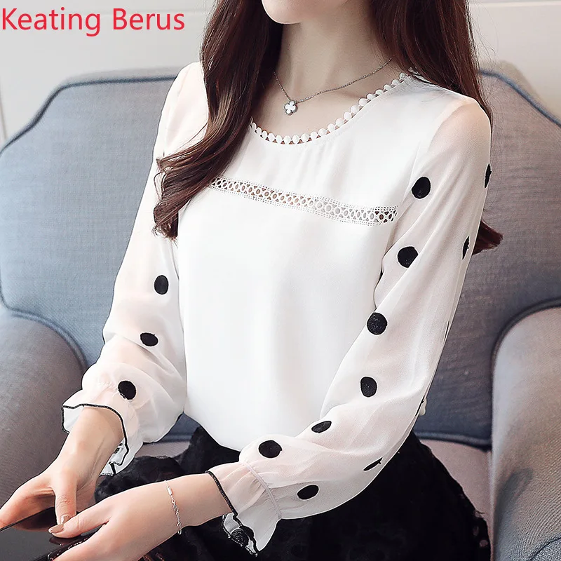 

Long Sleeve Women Blouse Shirt Fashion 2019 Chiffon Women's Clothing Sweet O-neck Black Dot White Feminine Tops Blusas 1320