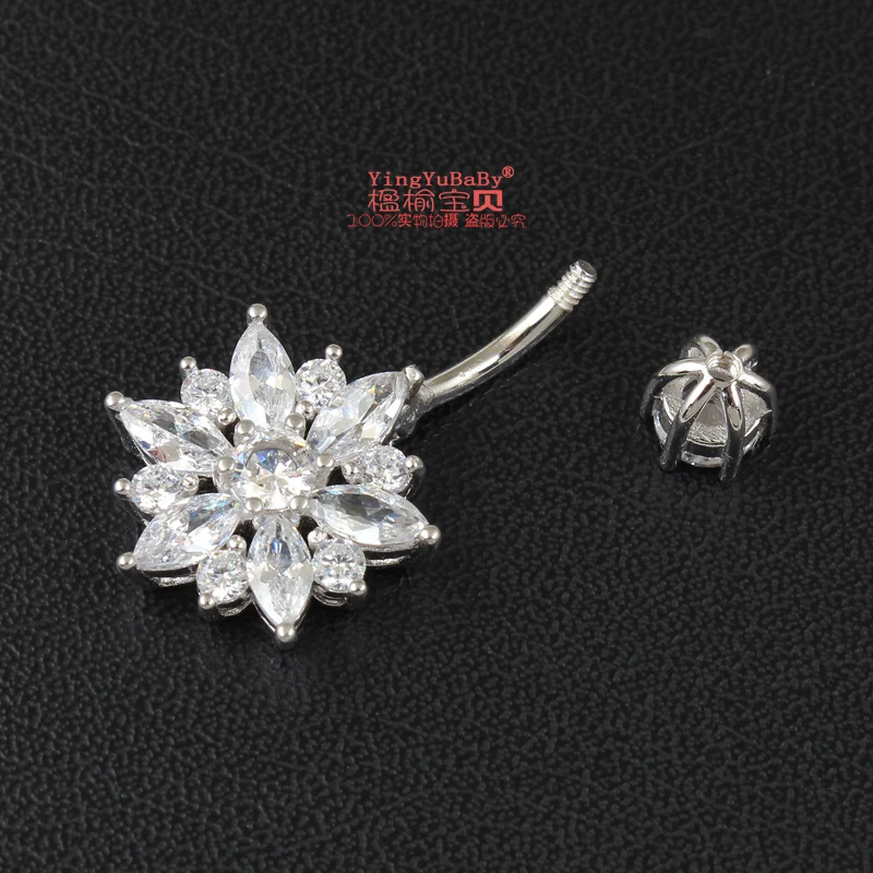 Beste Belly button ring echte 925 sterling zilveren vrouwen bloem zirkoon clear stones body sieraden puur zilver body piercing gratis verzending