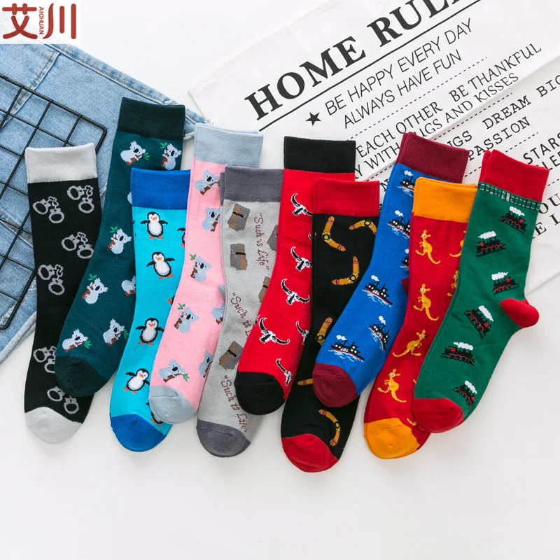 

Cartoon koala print socks kangaroo train penguin handcuffs fun cartoon women cotton sock breathable Absorb sweat soft comfort