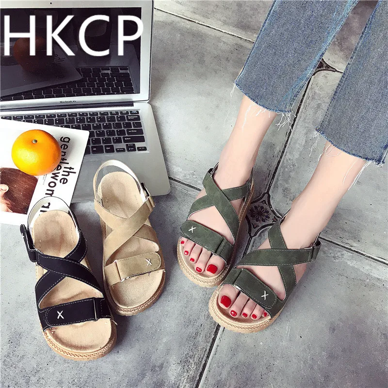 

HKCP Gladiator sandals schoolgirl 2019 new summer women's shoes Korean flat bottom go with platform shoes trend C198