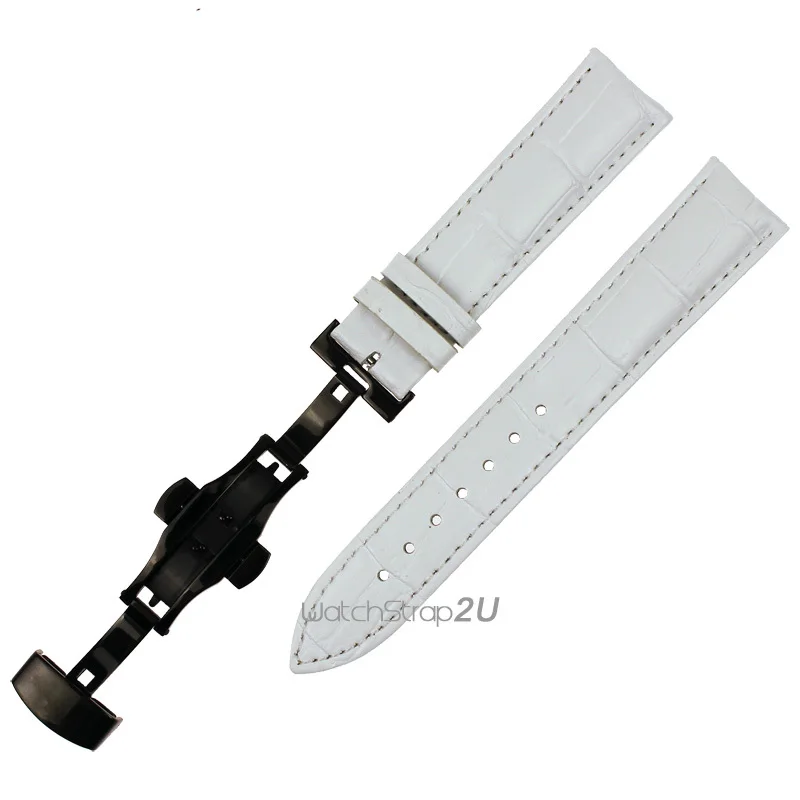 Crocodile Grain Leather Push Button Black Deployment Clasp Watch Band