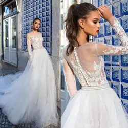 2019 Boho линия одежда с длинным рукавом Weddig платья Кружева шифон Иллюзия Лодка шеи Винтаж пляжные свадебные платья с кнопками назад