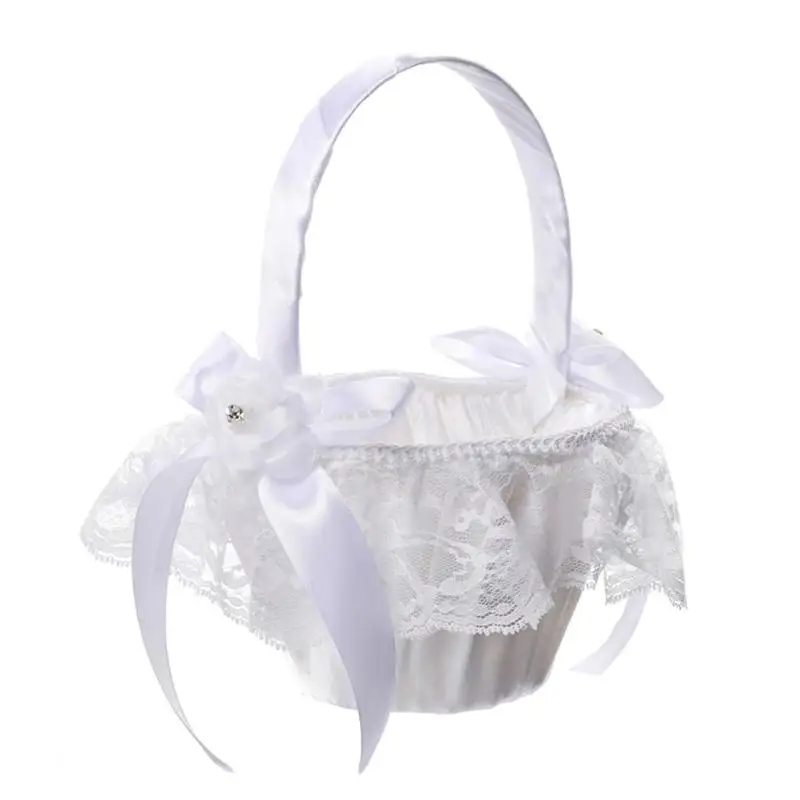 BUY Lace Bowknot Wedding Basket Ceremony Wedding Decoration Storage Flower Container Supplies Flower Girl Basket