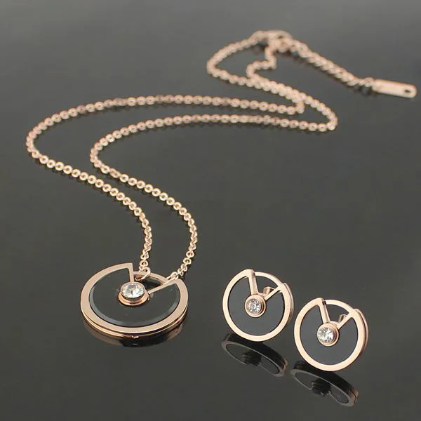 

rose gold round disc stud earrings and disc pendant necklace jewelry set,black enamel shell crystal stud earrings brand