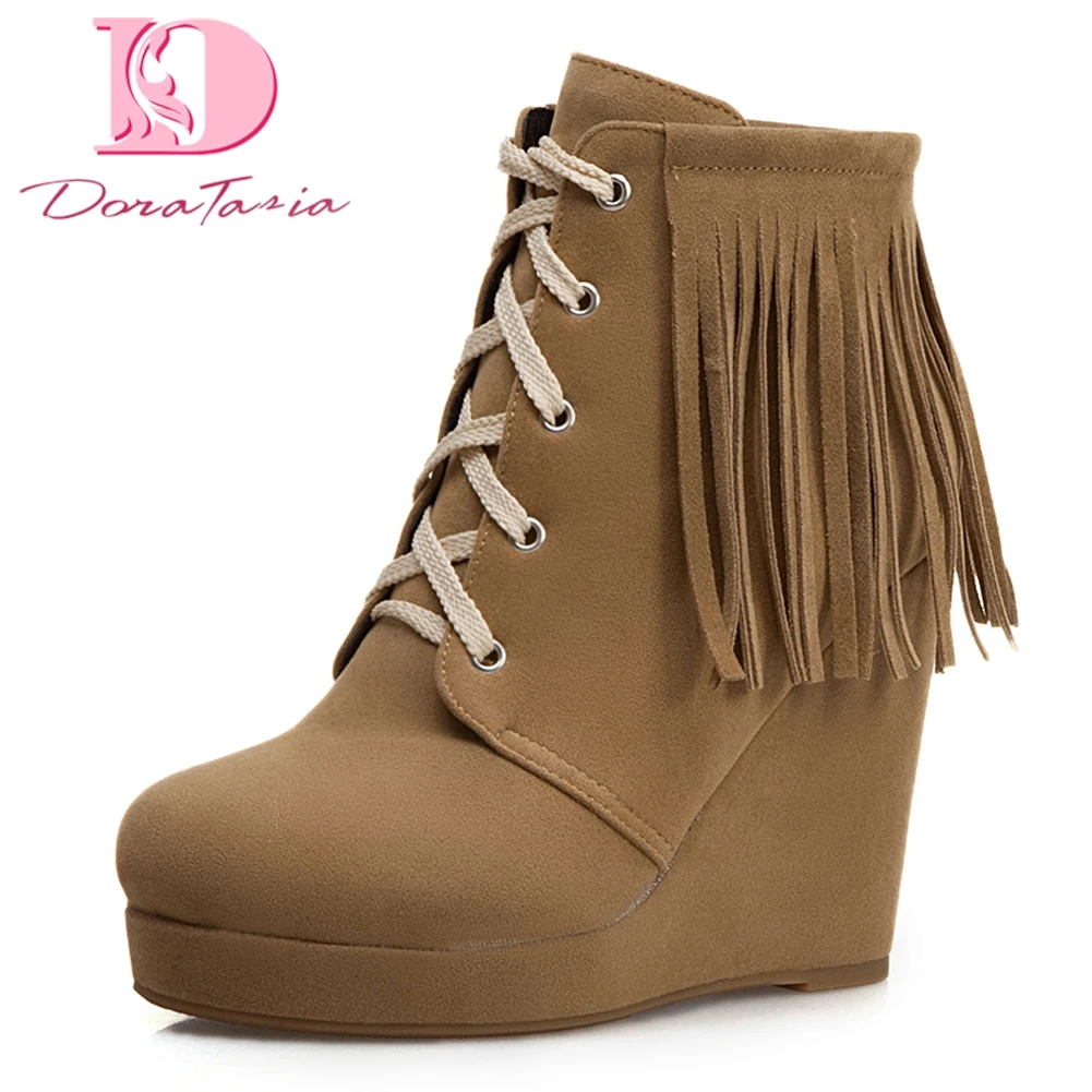 

Women's 2019 Big Size 34-45 Wedge Shoes High Heels Winter Boots Women Shoes Fringe Shoelaces Platform Ankle Boots Woman Shoes