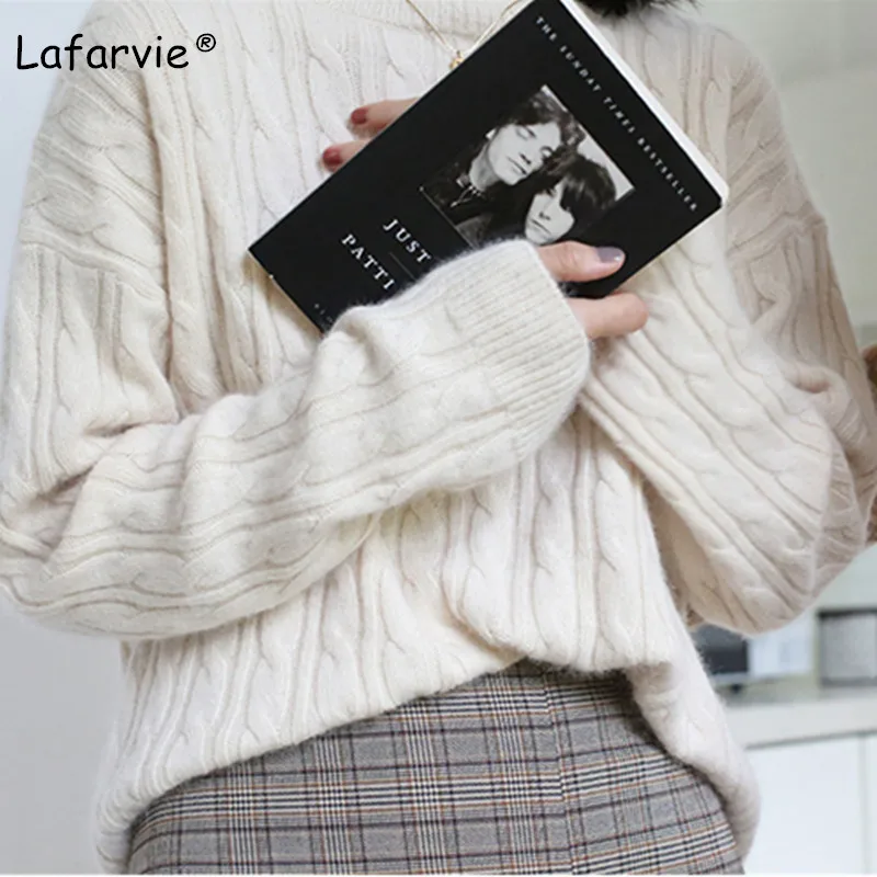 Lafarvie New Elegant Knitted Cashmere Sweater Women Tops Autumn Winter O-neck Loose Thick Pullover Female Casual Warm Pull Femme