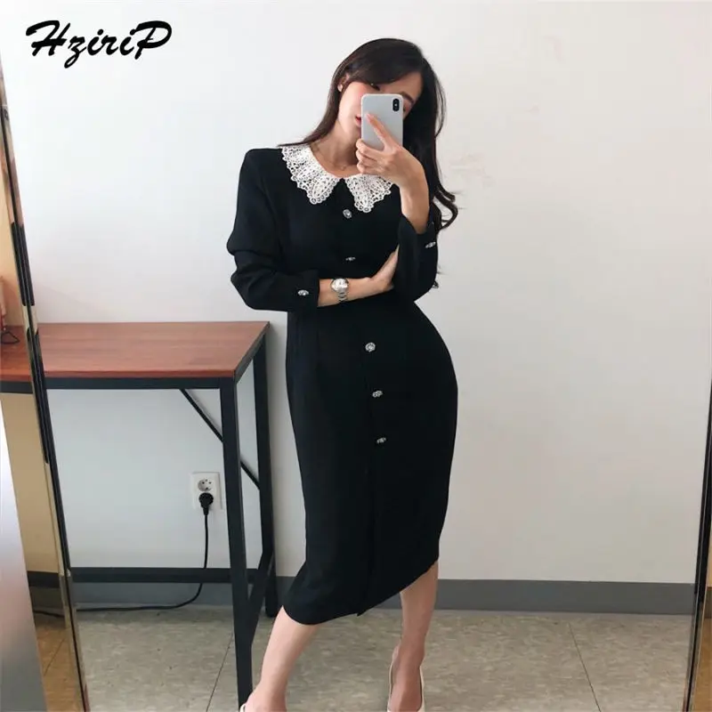 

HziriP 2019 Autumn Long Shirt Women Cute Solid Ladies O-neck Party Vestidos Femme Mid-Calf Wrist Lace Single Breasted Shirts