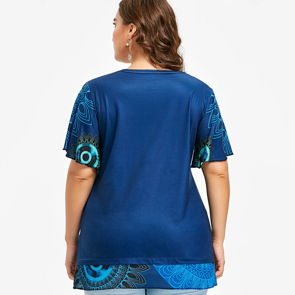 AZULINA Plus Size Print Flutter Sleeve Overlap T-Shirt Women T Shirt 2018 O Neck Short Sleeve Tops Tees Big Size Ladies Clothes