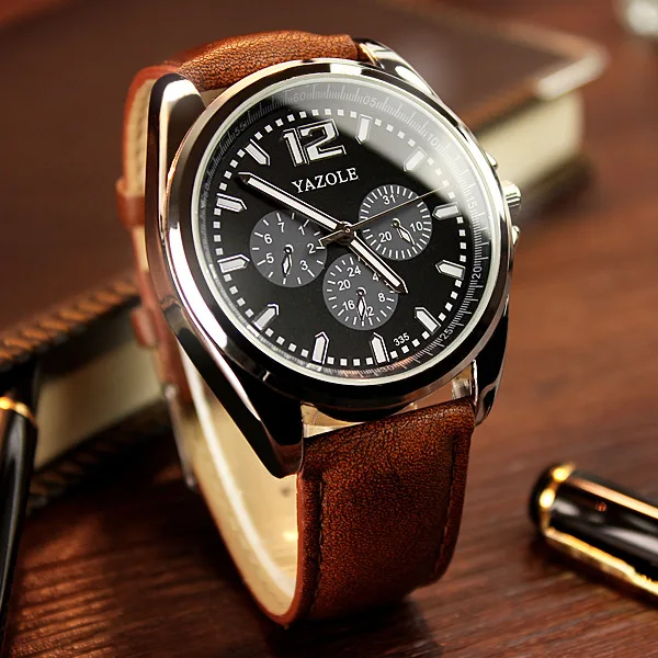 

2016 Hot Sale YAZOLE Night Light Point Genuine Leather Japan Movt Luxury Quartz Analog Watch Wristwatch for Men No.335 OP001