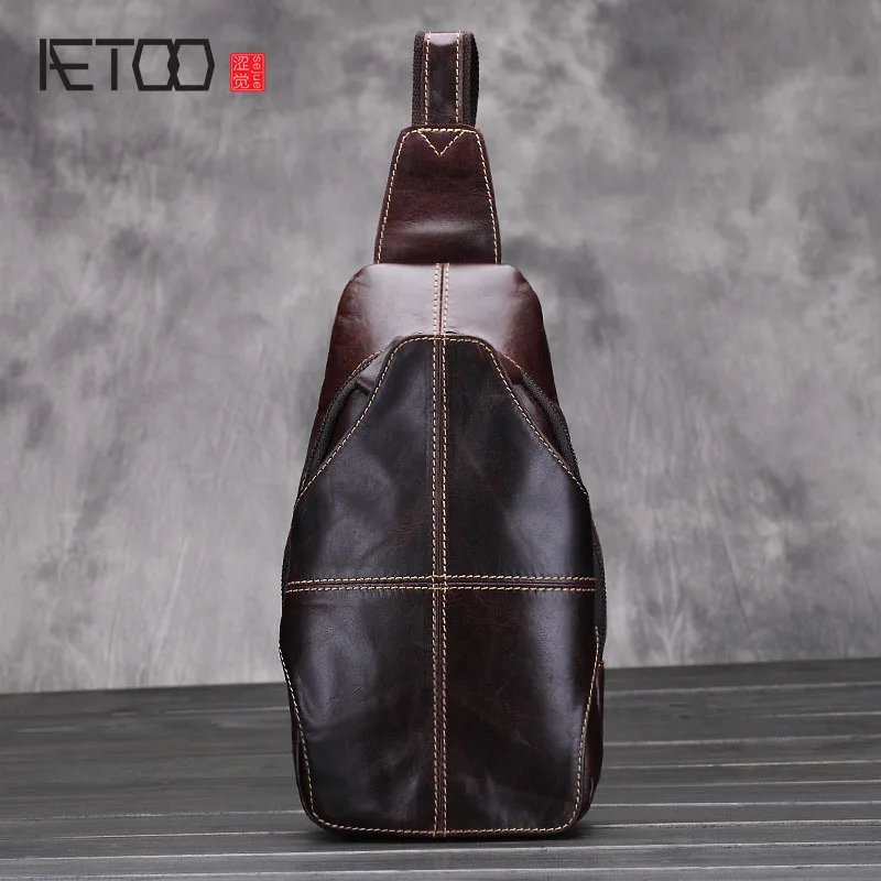 

BJYL The new men 's chest bag leisure leather Messenger Messenger head of the first layer of cattle fur oil tide tide package
