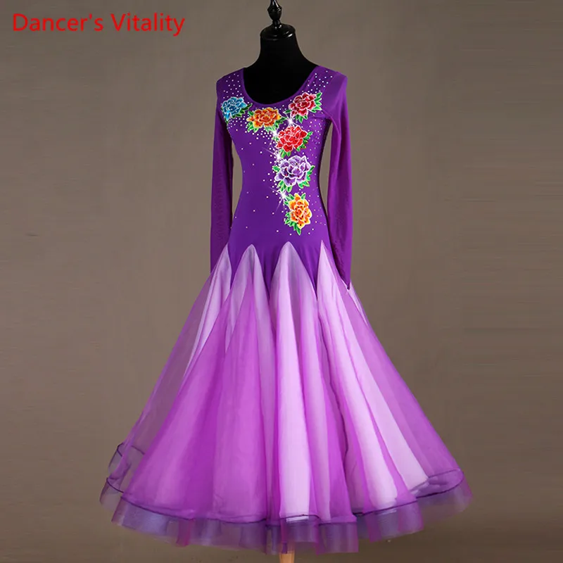 Алмазная вспышка длинное платье для танцев женское платье длинное соревнование узор Вальс/Танго танцевальное платье XXS-6XL