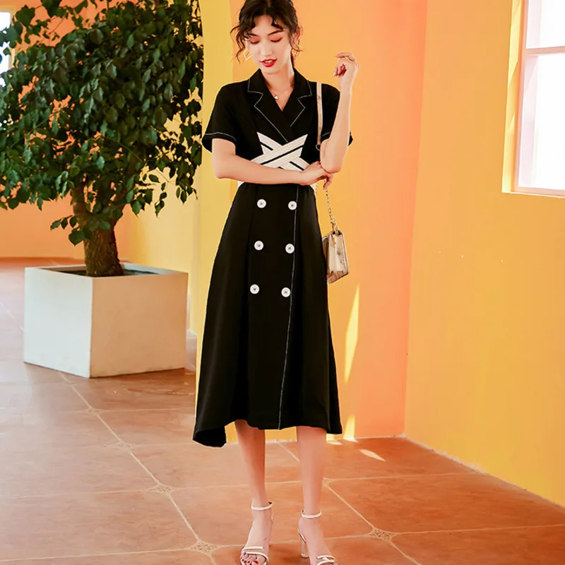 

LANMREM 2019 new street styles notched collar women clothes cross double breasted contrast color vintage female dress WG98901L
