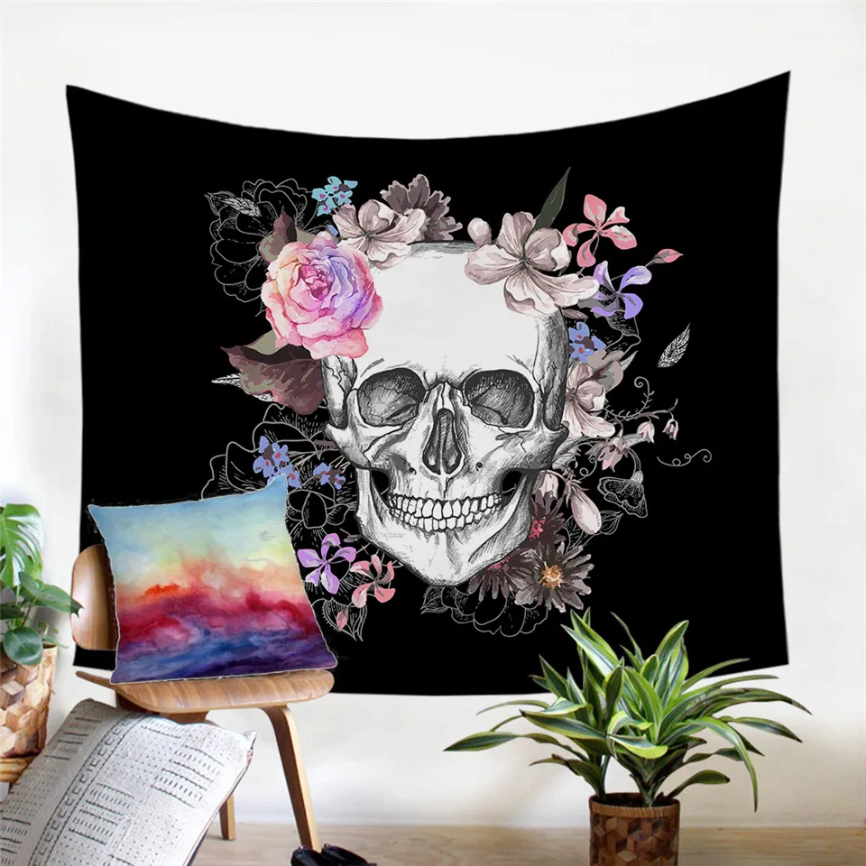 

Sugar Skull and Floral Tapestry Flowers Printed Microfiber Wall Hanging Home Decor Bedlinen Sheet Art Carpet