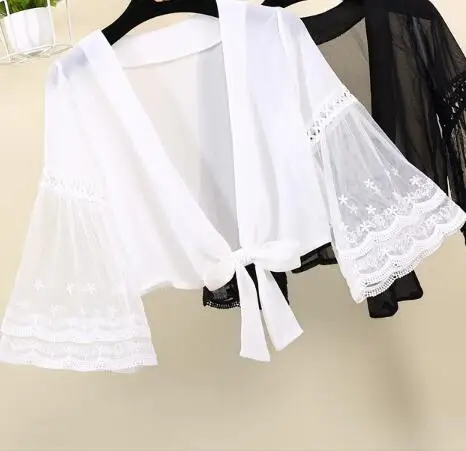 

2019 Newest Chiffon Elegant Sleeve Boleros Cropped Shrug Shawl Accessories Jackets Wraps Cardigan Solid V Neck