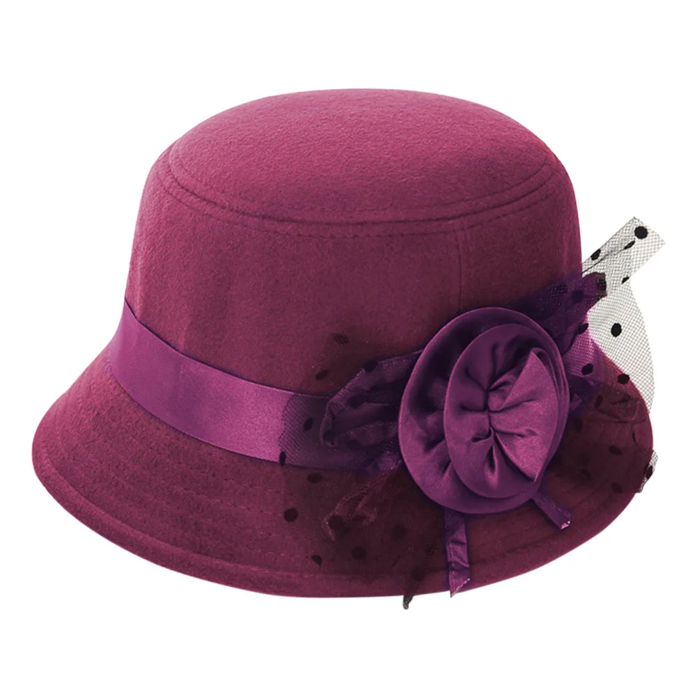 Новая модная винтажная женская шляпа-федора, имитация шерстяного цветка, осенне-зимняя теплая Кепка с покрывалом, элегантные женские шляпы с бантом - Цвет: wine red