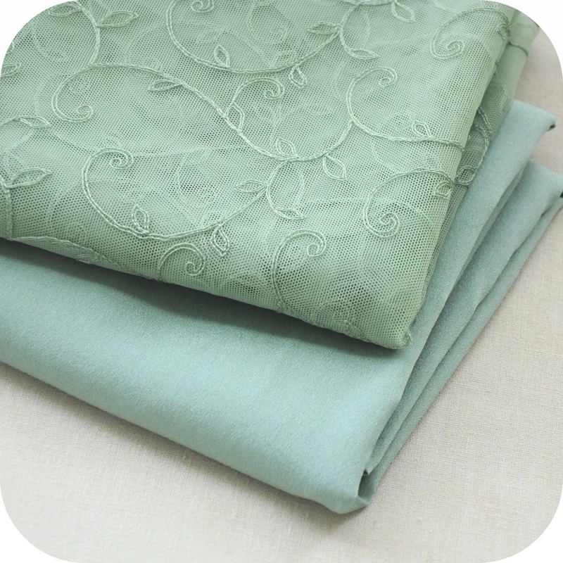 

2pcs 50x130cm green Net Embroidery Floral Lace Add Double Crepe Cloth Fabrics of DIY Webbing Dress Clothes Cloth Materials